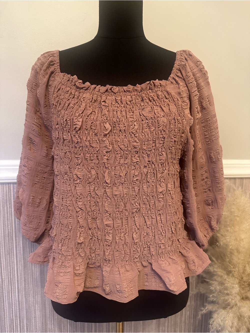NWT Vine & Love Smocked Square Neck Puff Sleeve Blouse Mocha Large
